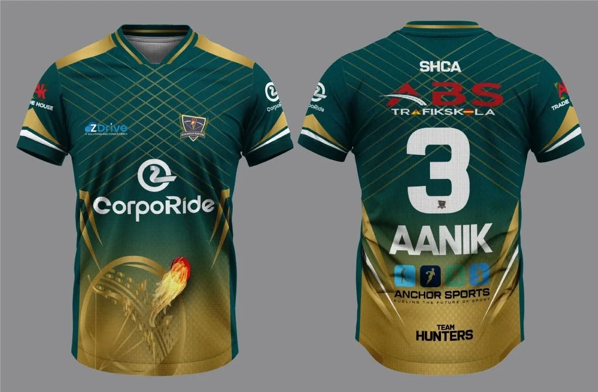 Front and back of the Stockholm Hunters 2026 jersey in teal and gold